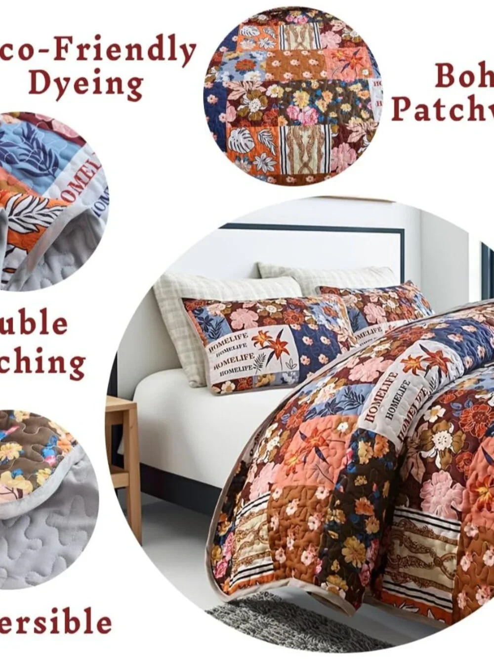3-Piece Boho Floral Patchwork Quilt Set King Size Flower Daisy Colorful Bedsprea_3